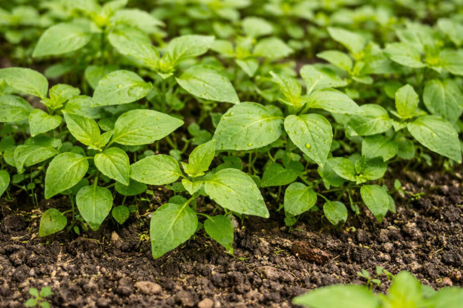 Close-up of young pepper plants
